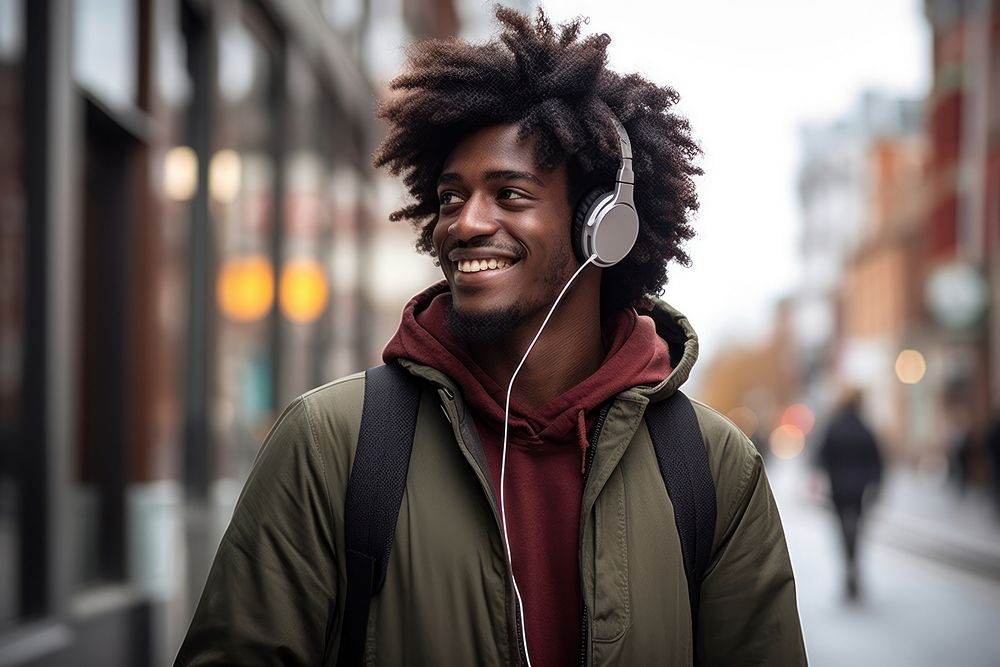 Black men headphones portrait headset. AI generated Image by rawpixel.