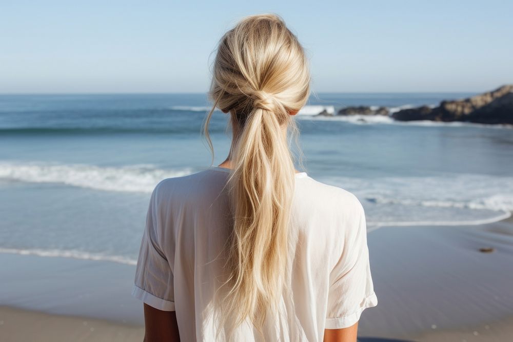 Ponytail blonde beach adult. AI generated Image by rawpixel.