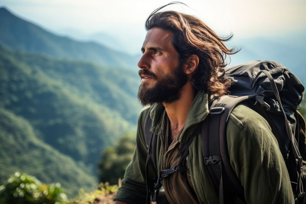 Colombian man on adventure trail in mountain backpack outdoors nature. AI generated Image by rawpixel.