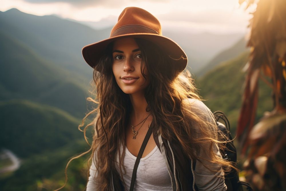 Colombian woman on adventure trail in mountain portrait adult photo. AI generated Image by rawpixel.