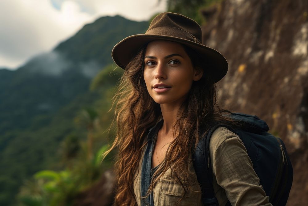 Colombian woman on adventure trail in mountain portrait photo contemplation. AI generated Image by rawpixel.
