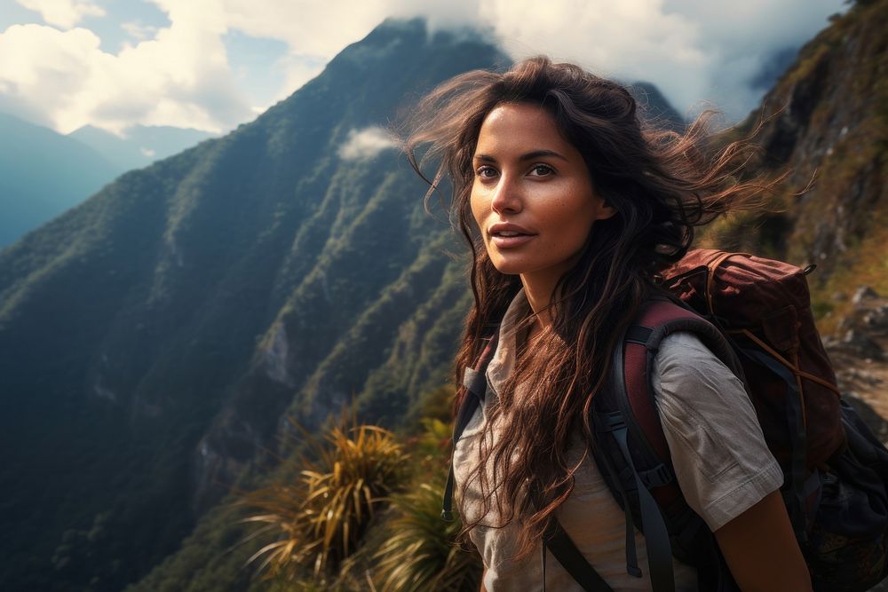Colombian woman on adventure trail in mountain backpacking portrait outdoors. AI generated Image by rawpixel.