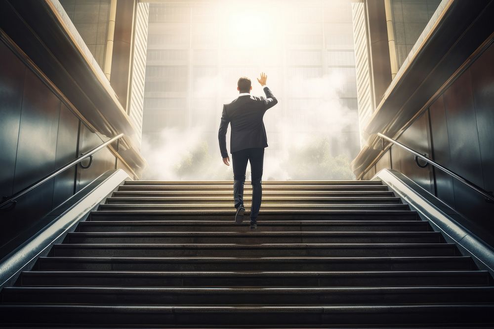 Businessman walking up stair architecture staircase standing. AI generated Image by rawpixel.