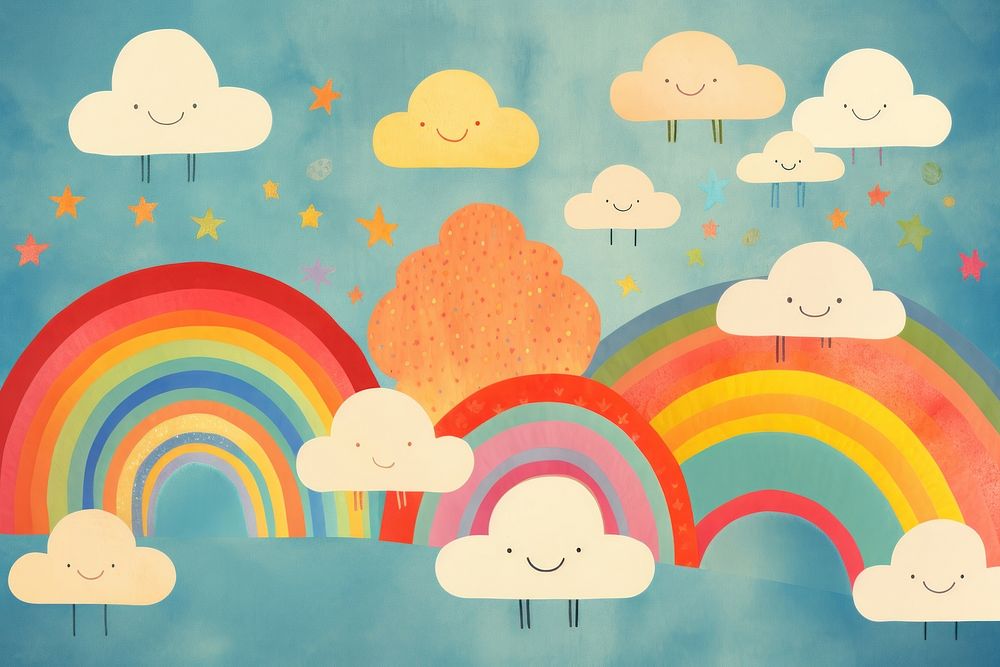 Child patterns of a diverse peoples painting rainbow cloud. AI generated Image by rawpixel.