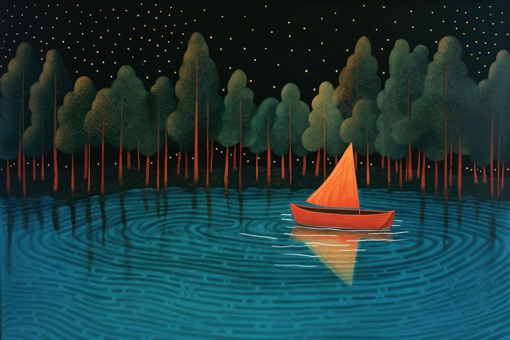 Boat on a lake in the hilly forest sailboat painting outdoors. AI generated Image by rawpixel.