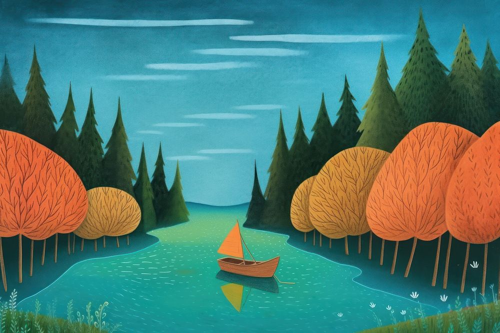 Boat on a lake in the hilly forest painting outdoors nature. AI generated Image by rawpixel.