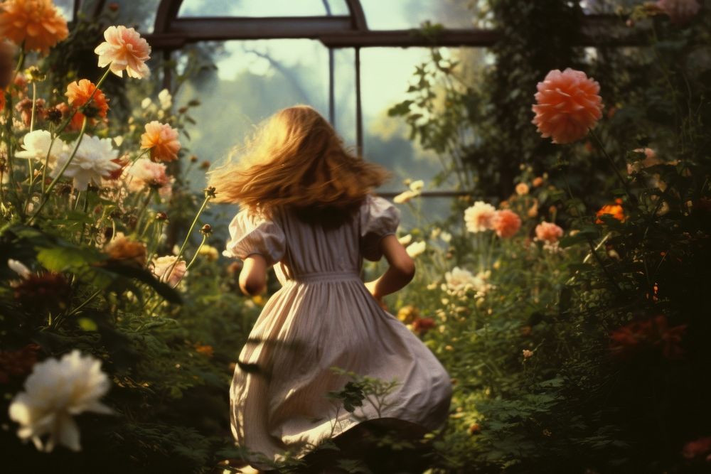 A girl running in the flower garden outdoors nature plant. AI generated Image by rawpixel.