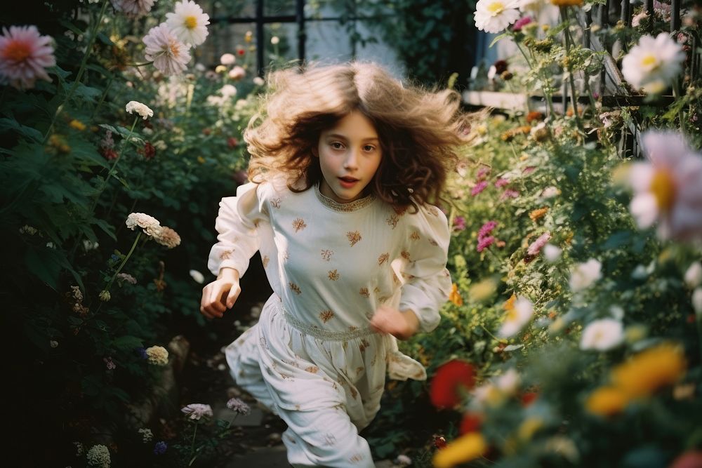 A girl running in the flower garden outdoors motion hairstyle. AI generated Image by rawpixel.