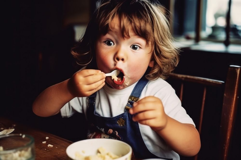 A kid eating toddler table baby. AI generated Image by rawpixel.