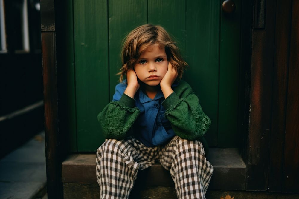 A kid sitting wearing green and navy cloth photography portrait worried. AI generated Image by rawpixel.