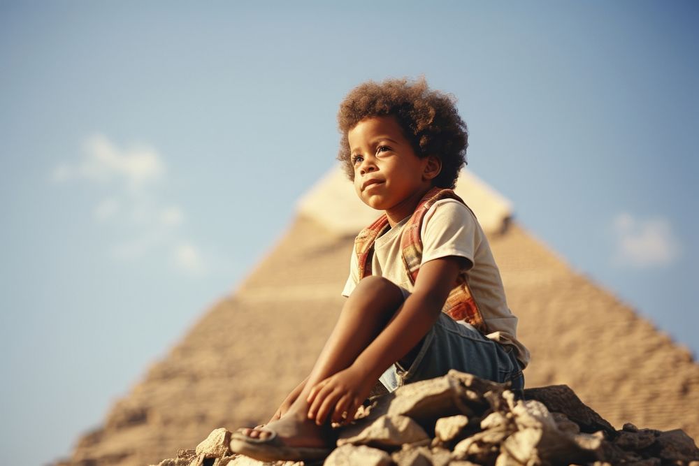A little black kid on top of the pyramid architecture photography portrait. AI generated Image by rawpixel.