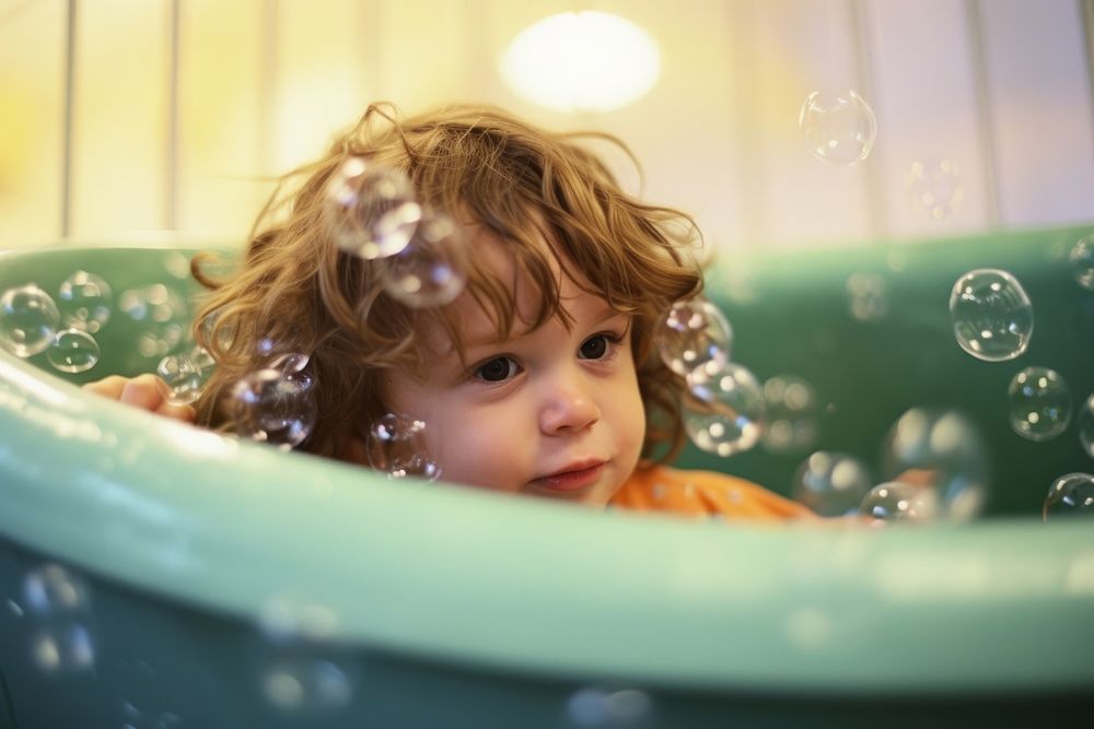 A toddler in the bathtub full of bubble photography portrait bathing. AI generated Image by rawpixel.