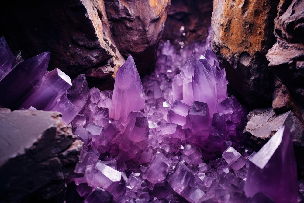 A cave full of purple crystal gemstone amethyst mineral. AI generated Image by rawpixel.