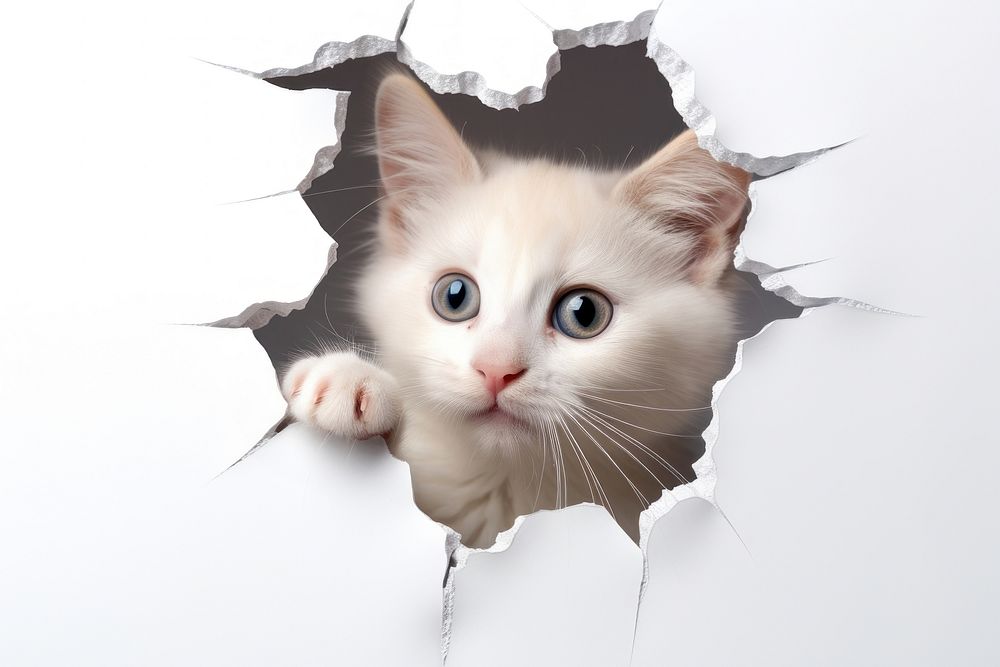 Cat peeking out and try to step through a torn paper hole portrait animal mammal. AI generated Image by rawpixel.