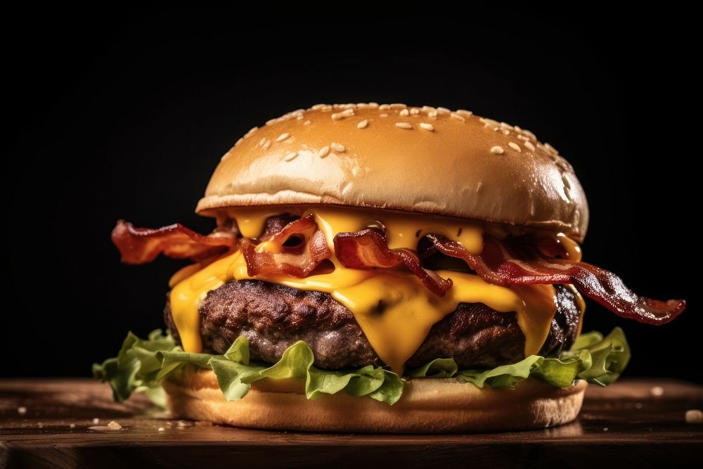 A burger with chedda cheese and bacon on the wood table food black background hamburger. AI generated Image by rawpixel.
