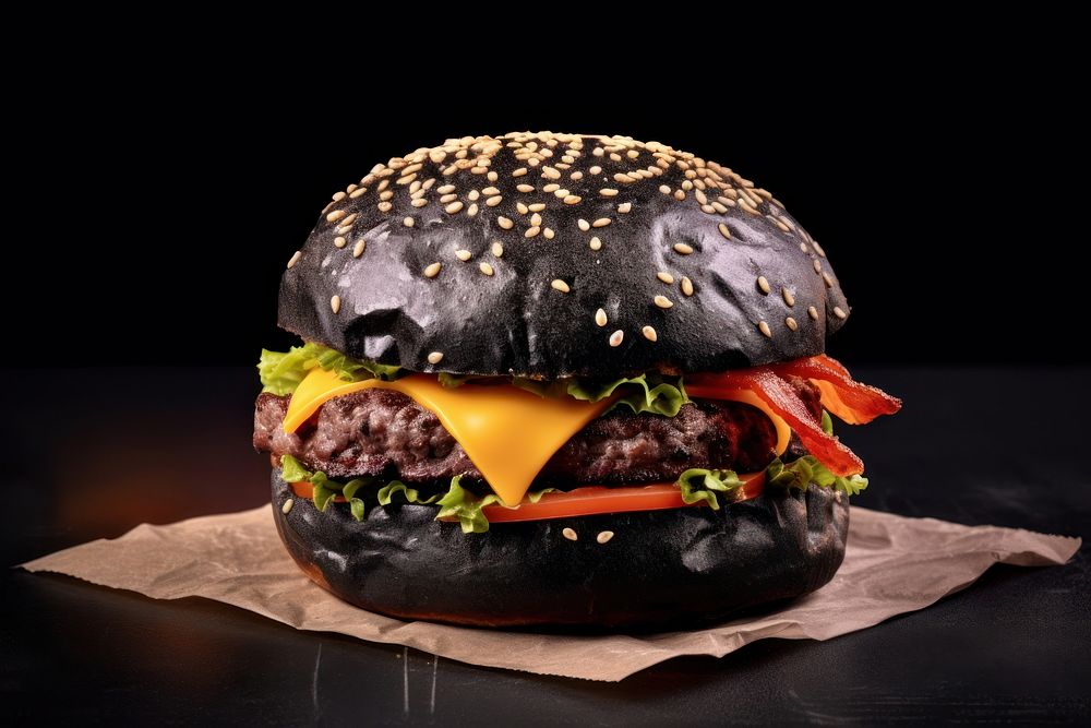 A charcoal bread burger with cheddar cheese and bacon on the wood table sesame food hamburger. 