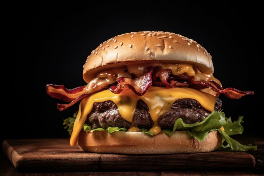 A cheese burger with chedda cheese and bacon on the wood table food black background hamburger. AI generated Image by…