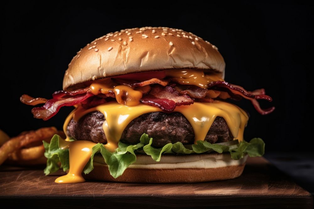 A cheese burger with chedda cheese and bacon on the wood table food black background hamburger. AI generated Image by…