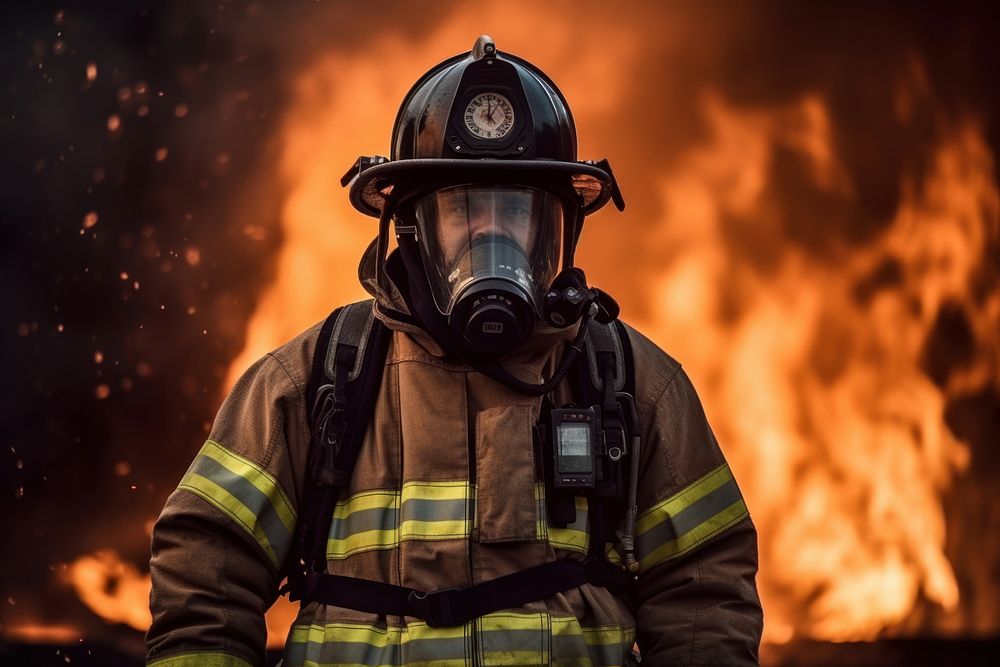A firefighter with full uniform helmet adult extinguishing. AI generated Image by rawpixel.