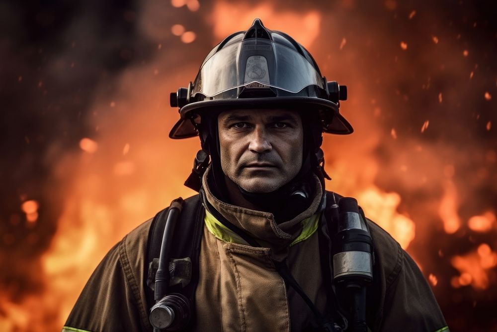 A firefighter with full uniform helmet adult protection. AI generated Image by rawpixel.