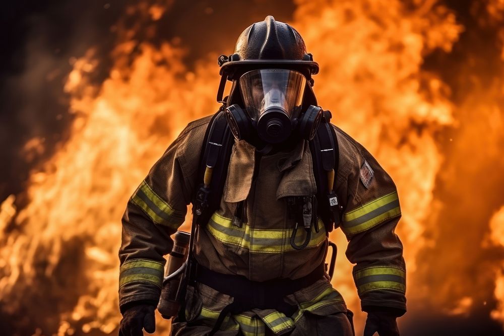 A firefighter running with full uniform helmet adult extinguishing. AI generated Image by rawpixel.