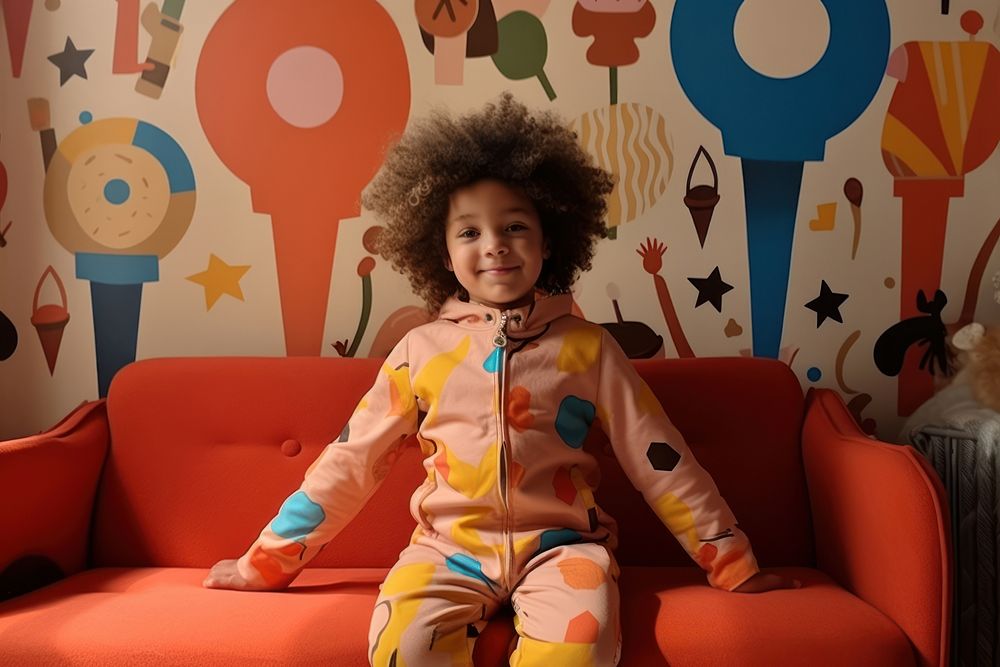 A little black girl wearing cute unform with circus pattern standing on a sofa in the cute room photography furniture…