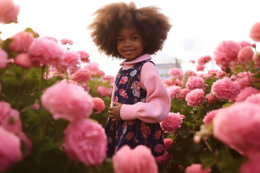 A little black girl in the pink flower garden photography portrait outdoors. AI generated Image by rawpixel.