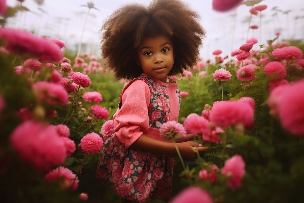 A little black girl in the pink flower garden photography portrait outdoors. AI generated Image by rawpixel.