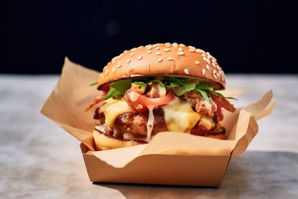 A shrimp burger with chedda cheese and bacon on the wood table paper food hamburger. AI generated Image by rawpixel.