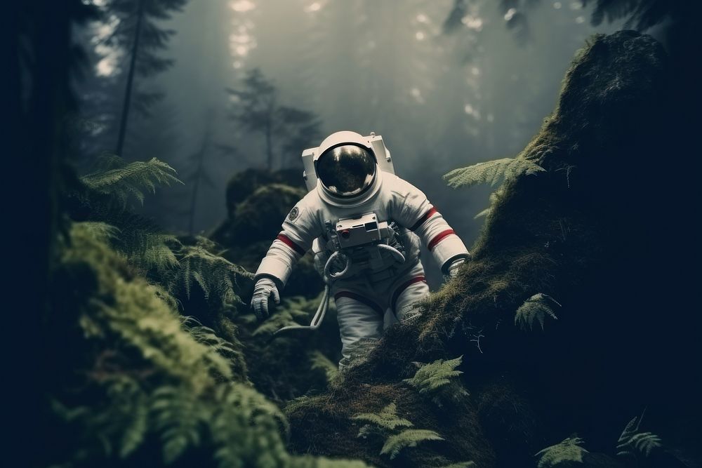 An astronaut in the wood photography adventure outdoors. AI generated Image by rawpixel.
