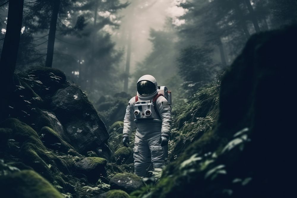 An astronaut in the wood photography mountain backpack. AI generated Image by rawpixel.