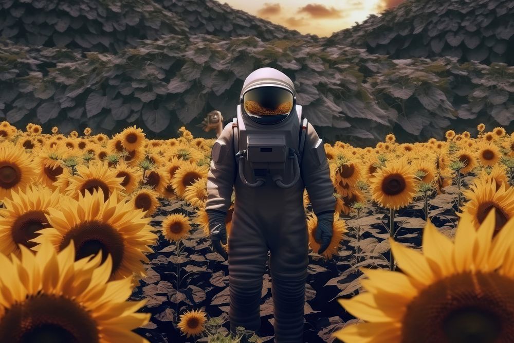 An astronaut in the sunflower garden photography outdoors nature. AI generated Image by rawpixel.