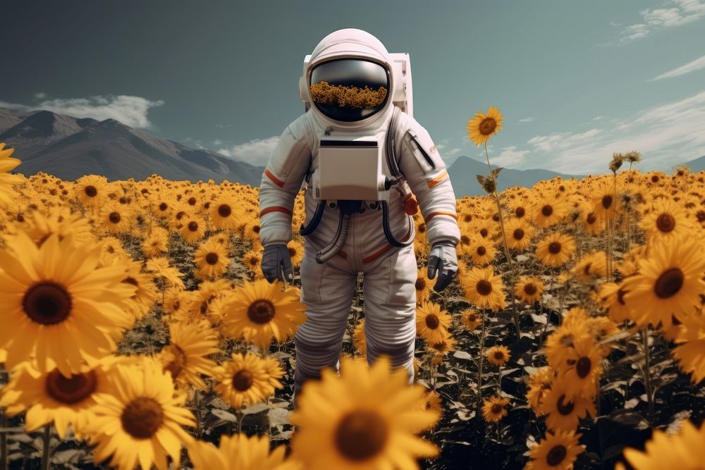 An astronaut in the sunflower garden photography landscape outdoors. AI generated Image by rawpixel.