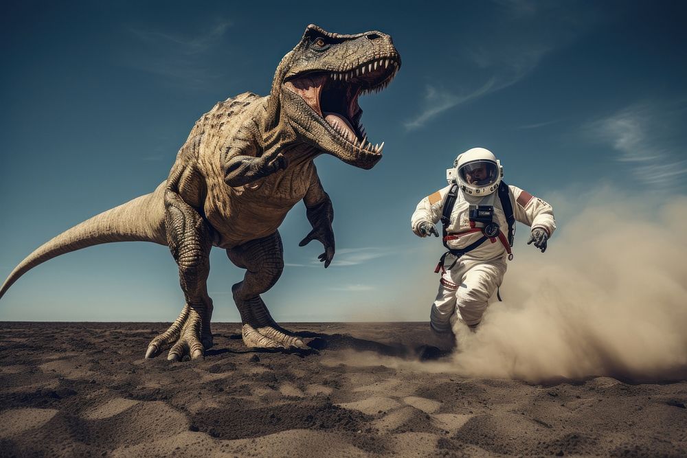 An astronaut running away from a dinosaur animal adult day. AI generated Image by rawpixel.