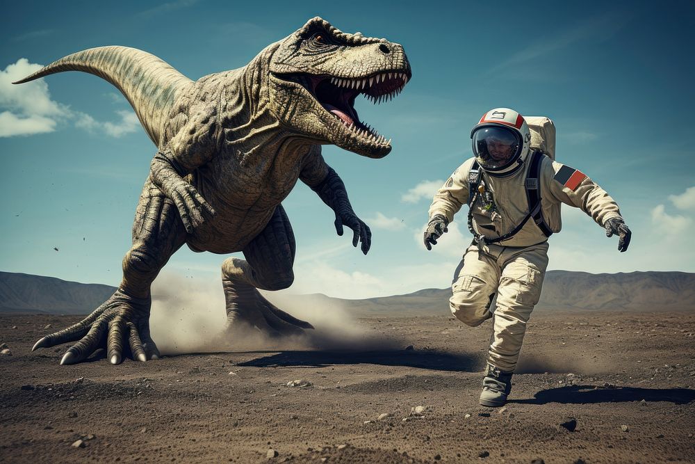 An astronaut running away from a dinosaur animal day wildlife. AI generated Image by rawpixel.