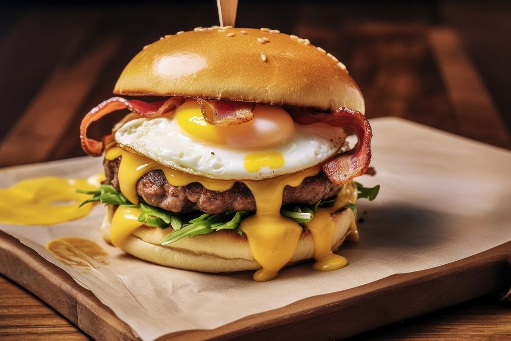 An egg burger with chedda cheese and bacon on the wood table food hamburger vegetable. AI generated Image by rawpixel.