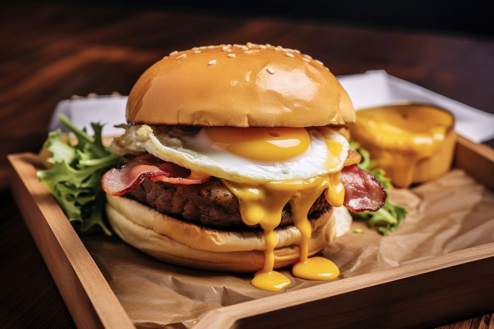 An egg burger with chedda cheese and bacon on the wood table food restaurant hamburger. AI generated Image by rawpixel.