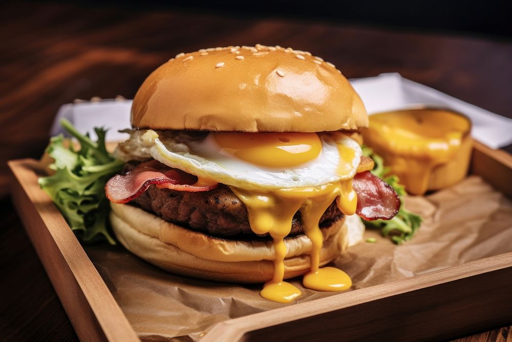 An egg burger with chedda cheese and bacon on the wood table food restaurant hamburger. 