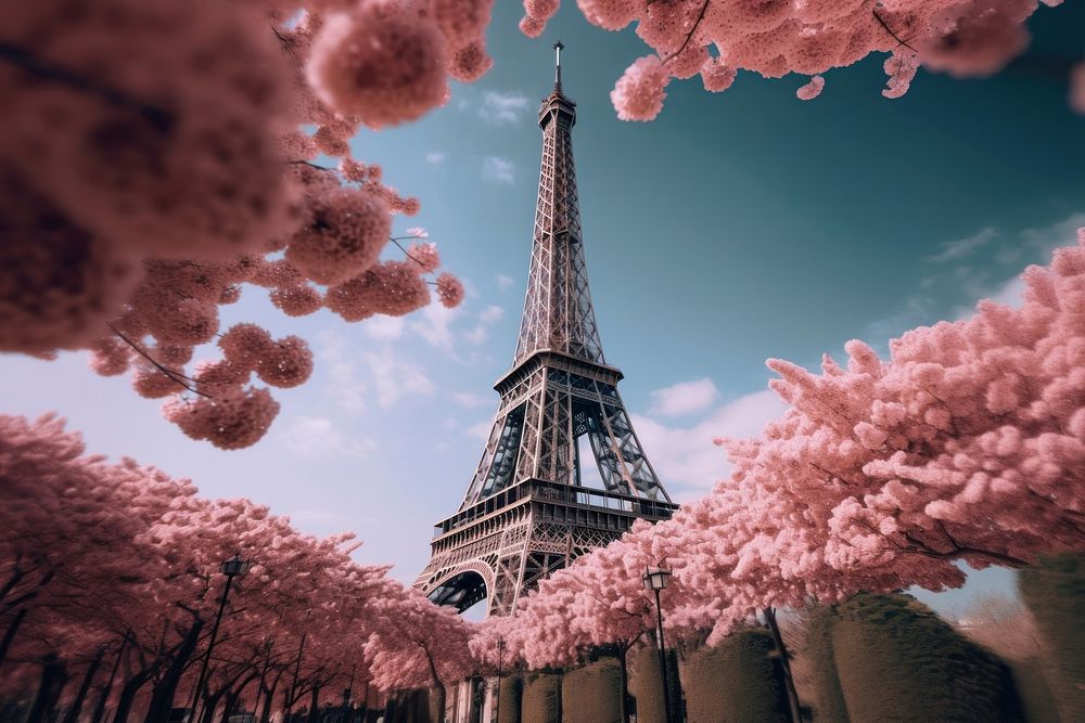 An eiffel architecture building blossom. AI generated Image by rawpixel.