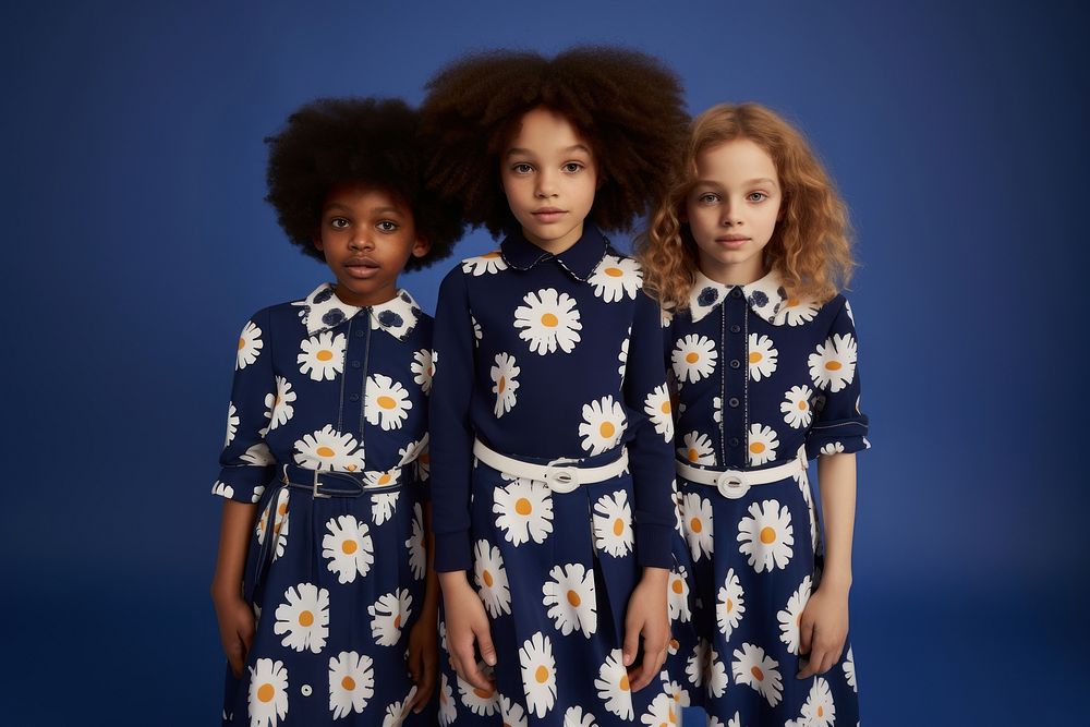 Little three black girl big daisy pattern navy shirt fashion child adult. AI generated Image by rawpixel.