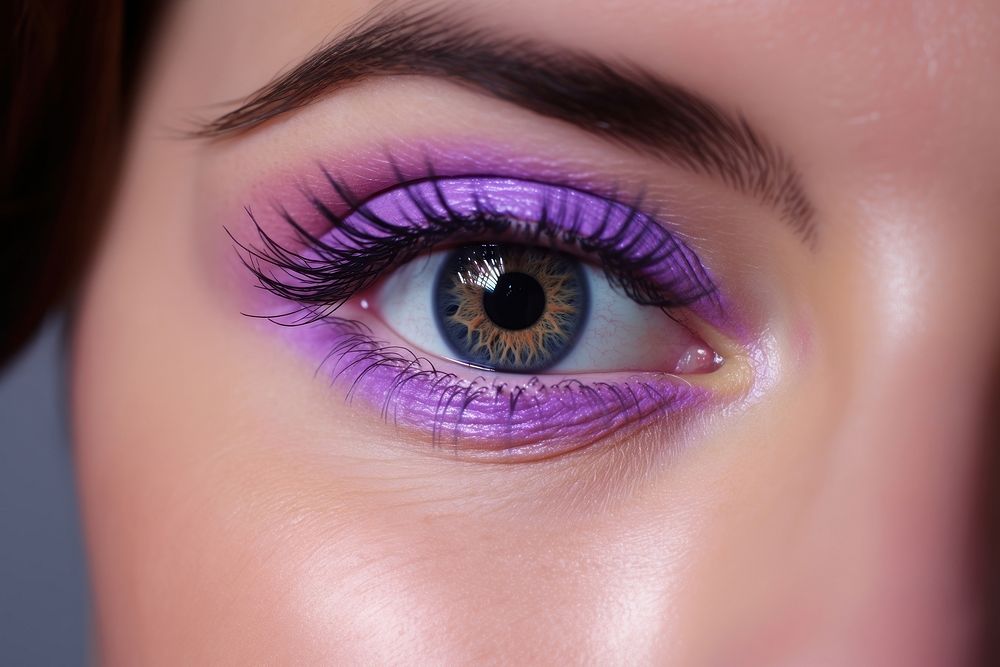 The right eye with purple eyelash and eyebrown cosmetics adult hairstyle. 