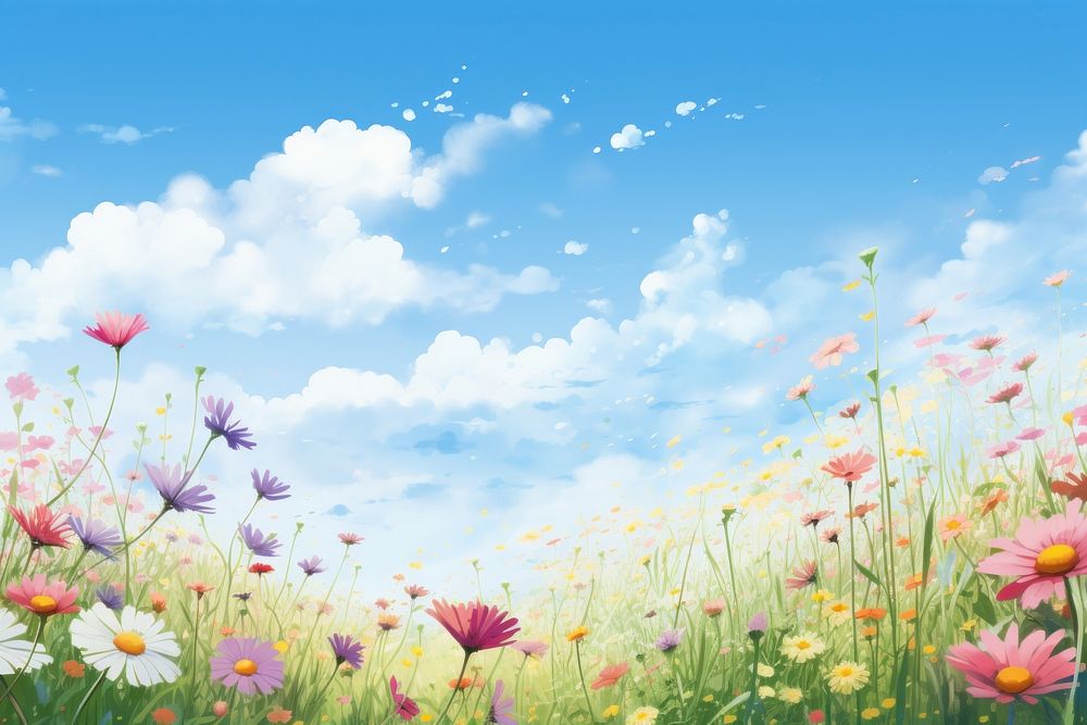 Capture a colorful meadow filled with flowers and an open sky grassland landscape outdoors. AI generated Image by rawpixel.