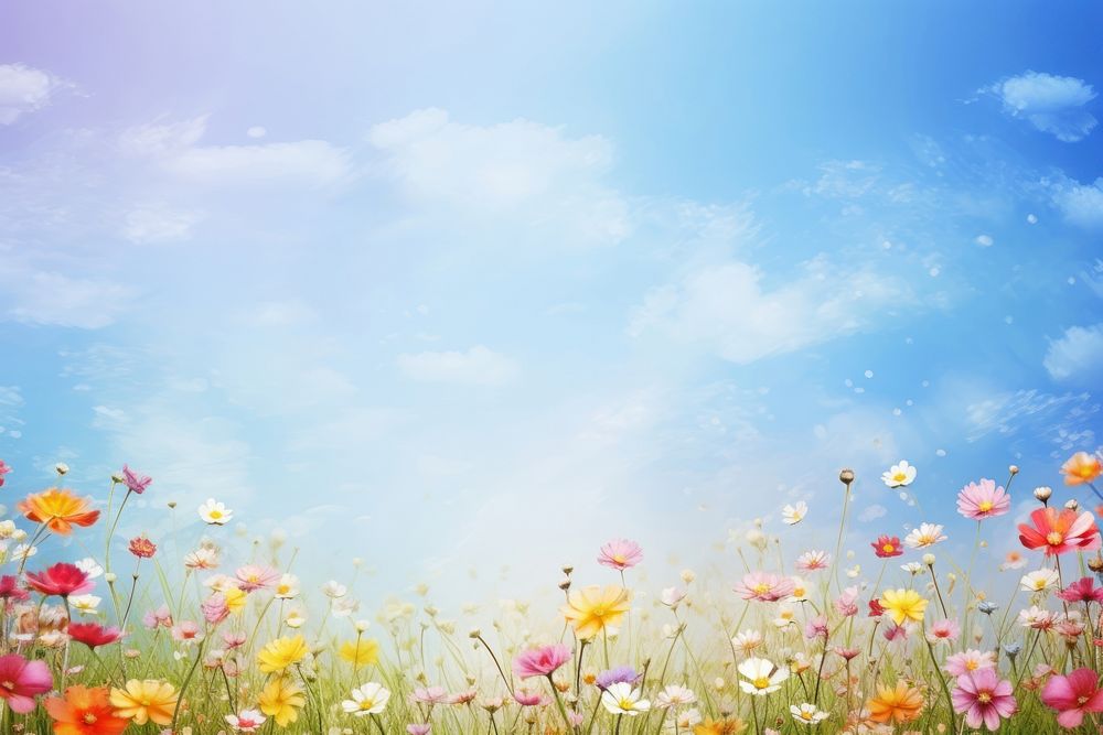 Colorful meadow filled with flowers and an open sky landscape grassland outdoors. AI generated Image by rawpixel.