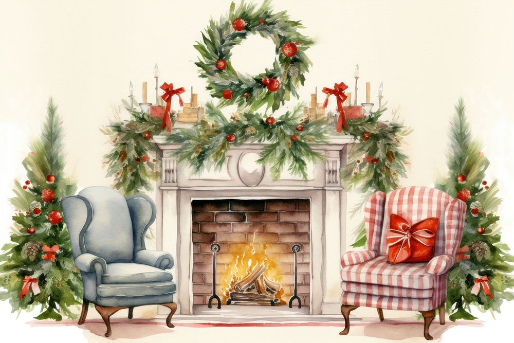 Living room at Christmas christmas fireplace furniture. AI generated Image by rawpixel.
