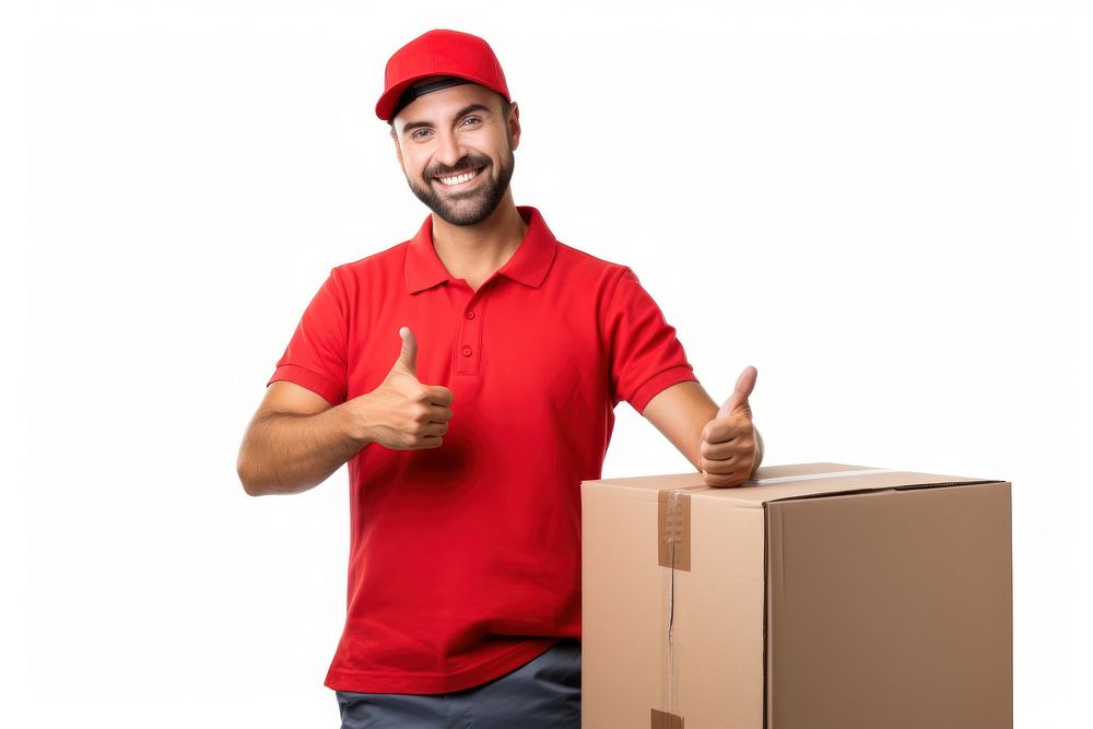 Delivery man pointing box cardboard portrait. AI generated Image by rawpixel.