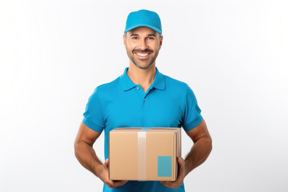 Delivery man posting box cardboard portrait. AI generated Image by rawpixel.