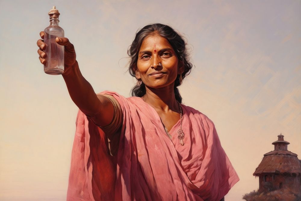 Indian woman bottle adult spirituality. AI generated Image by rawpixel.