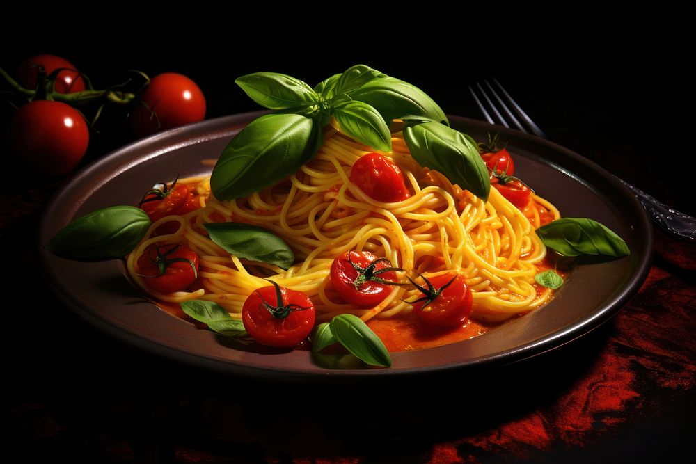 Plate of spaghetti tomato pasta basil. AI generated Image by rawpixel.
