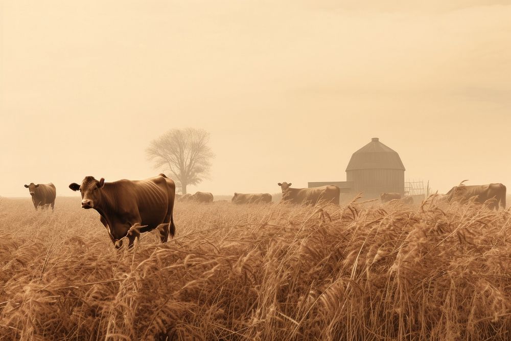 Farm cows farming grassland livestock outdoors. AI generated Image by rawpixel.