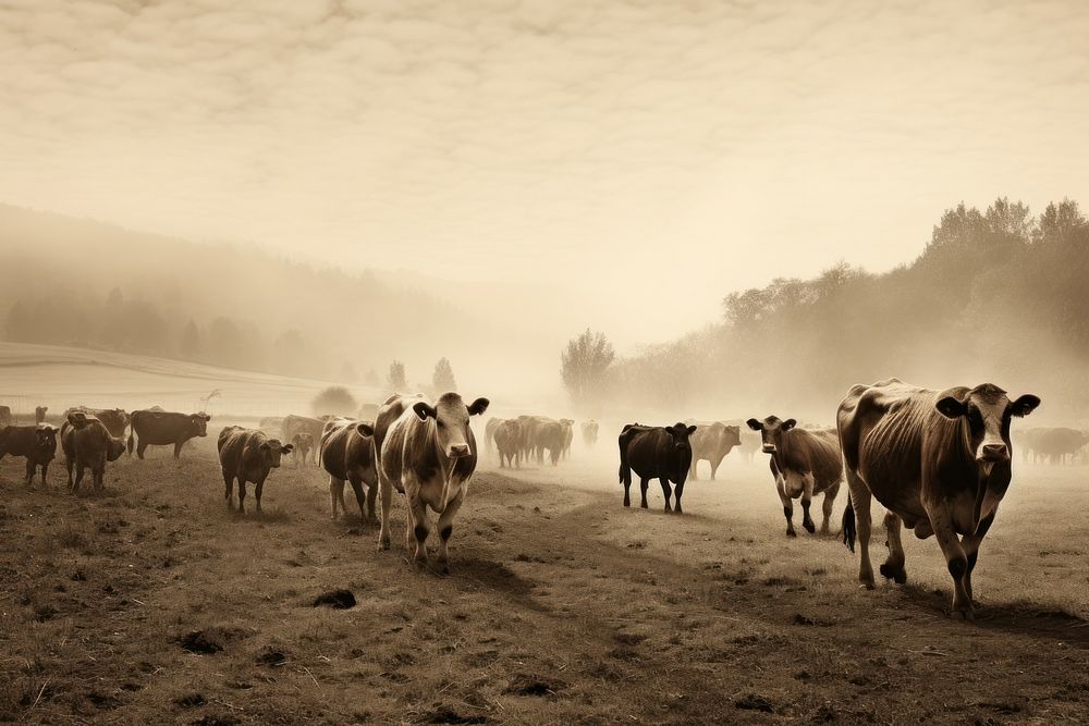 Farm cows farming livestock outdoors nature. AI generated Image by rawpixel.